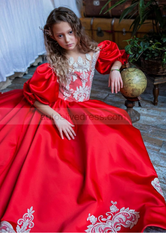 Red Satin Gold Lace Adorable Flower Girl Dress